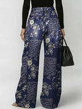 Women's Retro Floral Art Print Casual Stylish Hollow Denim Pants