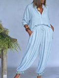 Casual & Comfortable Two-piece Set: Lace-paneled Linen-cotton Shirt And Lantern Pants