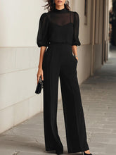 Women's Solid-color Two-piece Set: Stand-collar Short-sleeve, Loose-fit Chiffon Top & High-waisted Wide-leg Pants