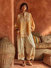 Bohemian Floral Print Linen And Cotton Two-piece Top And Pants Set