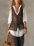 Women's Solid Color Art Stylish Casual Vest And Pants Cotton Linen Two-Piece Set