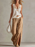 Women's Casual Cotton-linen Set: Loose-fit V-neck Sleeveless Top & High-waisted Wide-leg Pants
