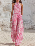 Vacation-style Sleeveless Strappy Top And Printed Chiffon Pants Set
