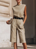 Women's Casual Cotton-linen Set: Stand-collar Sleeveless Top & High-waisted Wide-leg Pants