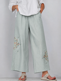 Women's Cotton-linen Casual Trousers — Lightweight Spring/summer Retro-style Wide-leg Pants With Ethnic Embroidery