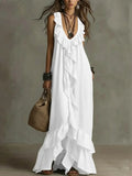 Women's Casual Bohemian V-neck Short Sleeve Ruffle Vintage Dress