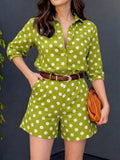 Women's Polka Dot Print Lapel Shirt With 3/4 Sleeves (casual, Loose Fit) & High-waisted Wide-leg Shorts — Cotton-linen Matching Set