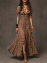 Bohemian-style Tiered Ruffle & Lace Slit Maxi Dress