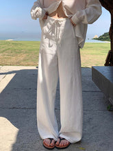 Women's Solid-color High-waisted Drawstring Loose-fit Cotton-linen Wide-leg Pants