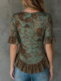 Bohemian-print Ruffled Top In Stretchy Cotton