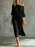 Women's One-shoulder 3/4-sleeve Side Slit And Tie Detail Dress