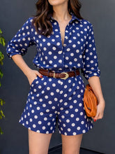 Women's Polka Dot Print Lapel Shirt With 3/4 Sleeves (casual, Loose Fit) & High-waisted Wide-leg Shorts — Cotton-linen Matching Set