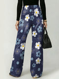 Colorful, Minimalist Floral Decorative Pattern Women's Denim Pants