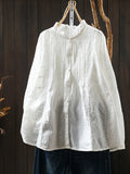 Plus Size Women Winter Artsy Stand Collar Embroidery 100%Cotton Shirt