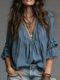 Women's V-neck Cotton And Linen Shirt
