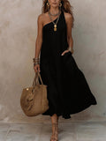Women's Solid-color One-shoulder Retro-style Sleeveless Vacation Dress