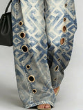 Women's Retro Geometry Print Casual Fashion Cutout Jeans