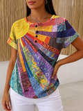 Boho Geometric Sun Print Henley Shirt