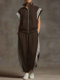 Women's Solid Color Stand-collar Short-sleeved Casual Loose Cotton Top And High-waisted Wide-leg Cotton Pants Set.