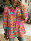 Women's Retro Hippie Art Print Casual Lapel Cotton Shirt