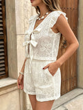 Women's Lace-embroidered Flared-sleeve Cutout Bow Blouse And Drawstring Shorts Set