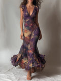 Bohemian Artistic Print Sleeveless Ruffled Chiffon Dress
