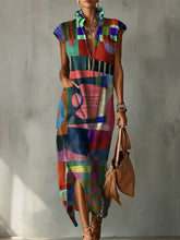 Colorful Collage Decorative Pattern Women's No Sleeve Bud Collar Linen Cotton Dress
