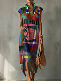 Colorful Collage Decorative Pattern Women's No Sleeve Bud Collar Linen Cotton Dress