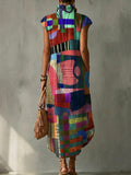 Colorful Collage Decorative Pattern Women's No Sleeve Bud Collar Linen Cotton Dress