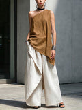 Women's Casual Cotton-linen Set: Off-shoulder Sleeveless Loose-fit Top & High-waisted Wide-leg Pants