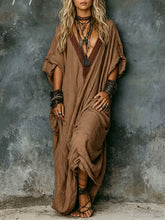 Women's Solid-color V-neck 3/4-sleeve Casual Loose Cotton-linen Dress