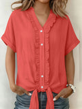 Women's Solid-Color Cotton-Linen Casual Short-Sleeve Button-Down Shirt with Ruffled Trim
