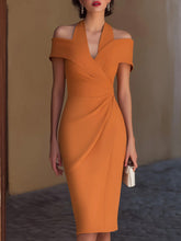 Women's Solid-color V-neck Short-sleeve Casual Slim-fit Pencil Dress