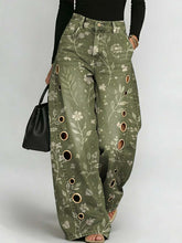 Women's Retro Floral Art Print Casual Stylish Hollow Denim Pants