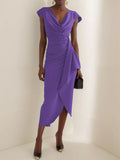 Women's Solid-color Short-sleeve Casual Slim-fit Dress With Cowl Neck And Ruching