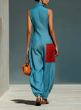Lake Blue Textured Cotton-linen Stand Collar Front-zip Color-block Pocket Sleeveless Loose Wide-leg Jumpsuit