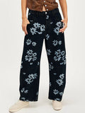 Women's Flower Print Loose-fit Mid-rise Straight-leg Jeans