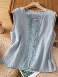 Cotton-linen Sleeveless Vest With Front Embroidery And U-neck