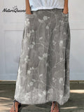 Women's Vintage Floral Art Linen Elastic waistband Pocket Skirt