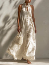 Casual Sleeveless Linen And Cotton Dress With Fringes