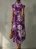 Elegant Floral Decorative Patterns Women's Casual No Sleeve Bud Collar Linen Cotton Dress