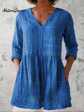 Women's Vintage Colorblock Striped Art Print Casual Linen V-neck Shirt