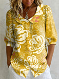 Artistic Abstract Botanical Print Top — Peter Pan Collar, Puff-sleeve Casual Shirt