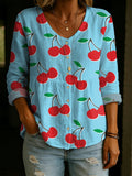 Cute Cherries Decorative Patterns Women's Long Sleeve V Collar Linen Cotton Shirt
