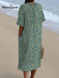 Women's Vintage Floral Art Print Pocket Linen Dress(Convertible Dress With Front And Back Option)