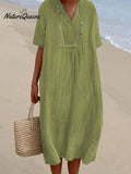 Women's Solid Color Cotton And Linen Short Sleeve Dress