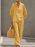 Casual Batwing Sleeve Linen And Cotton Shirt And Trousers Two-piece Set