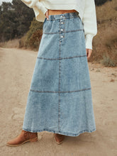 Washed Denim A-line Maxi Skirt With Elastic Waist, Button Placket, And Paneled Design