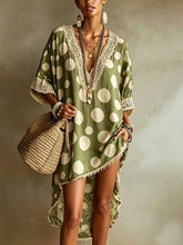 Loose-fit Casual Linen-cotton Dress With Polka Dot And Lace Trim Splicing