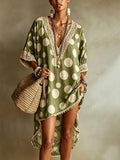 Loose-fit Casual Linen-cotton Dress With Polka Dot And Lace Trim Splicing